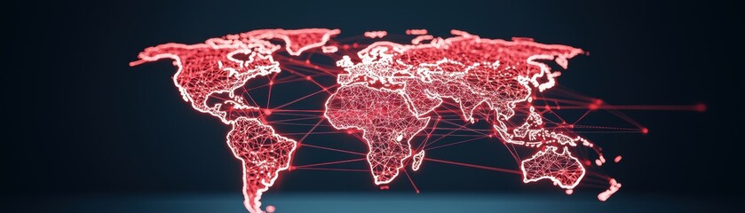 Poster - A digital map of the world depicted in red lines, creating a network effect against a dark background, symbolizing global connectivity.