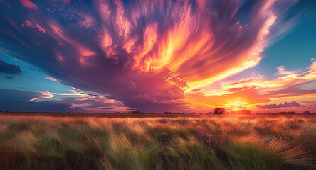 Poster - Clouds in swirling rainbow colors over field.