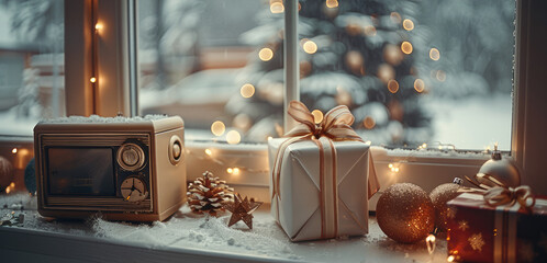 Christmas product atmosphere map, a set of small household appliances products, placed in a Christmas themed gift box, with ribbons, next to the windowsill.