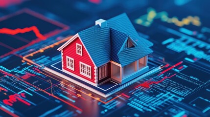 Poster - Miniature house model on digital data background representing real estate