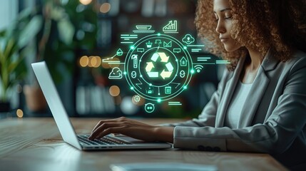 Poster - A businesswoman sits at a sleek desk, typing on a modern laptop. Above the laptop screen, a glowing virtual interface appears as clean, circular pop-up window. surrounded evenly by eco-friendly icons.