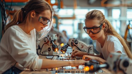 Aufkleber - A diverse group of women collaborating on a robotics project in a modern workshop.