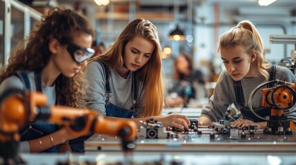 Aufkleber - A diverse group of women collaborating on a robotics project in a modern workshop.