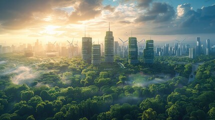 Poster - A futuristic city skyline with towering skyscrapers and wind turbines, set against the backdrop of lush green landscapes, symbolizing innovation in sustainable energy and urban development.