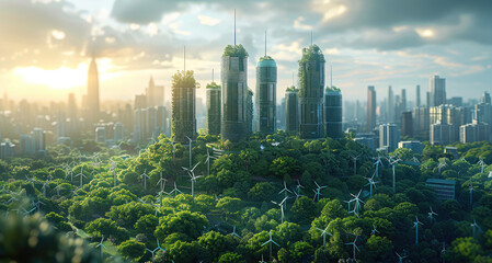 Poster - A futuristic city skyline with towering skyscrapers and wind turbines, set against the backdrop of lush green landscapes, symbolizing innovation in sustainable energy and urban development.