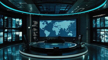 Poster - Modern Control Room with Digital World Map and Advanced Technology