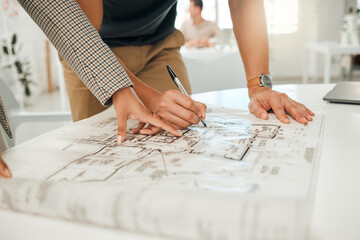 Poster - Hands, blueprint and architect with document, writing and sketch in office with notes, planning or teamwork. People, design and drawing with floor plan, paperwork and review for property project