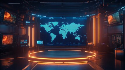 Poster - Futuristic Control Room with World Map and Digital Displays