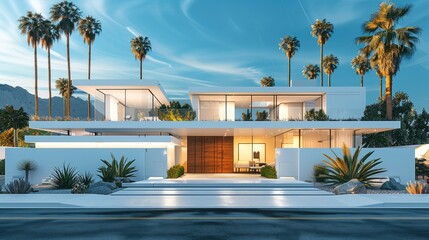 Poster - A white house with prefabricated gate. palm trees in the background.