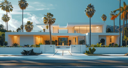 Poster - A white house with prefabricated gate. palm trees in the background.