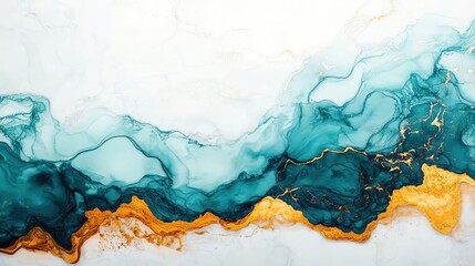 Poster - Abstract art featuring fluid colors of teal and gold, creating a serene landscape effect.