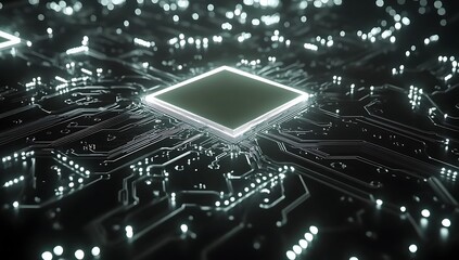 Poster - Highly detailed view of a circuit board with glowing microchip at the center, showcasing technology and innovation in electronics