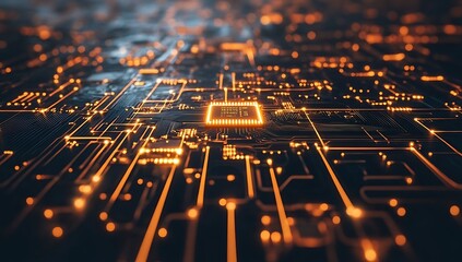 Poster - High-resolution close-up of a circuit board with glowing orange lines and intricate patterns
