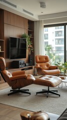 Modern Living Room With Leather Chairs And Large Screen Television