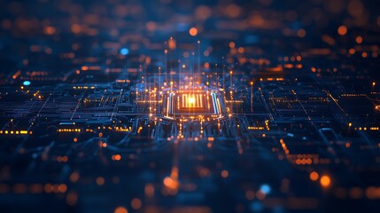 Poster - Intricate blue circuit board design illuminated by glowing orange lights at night
