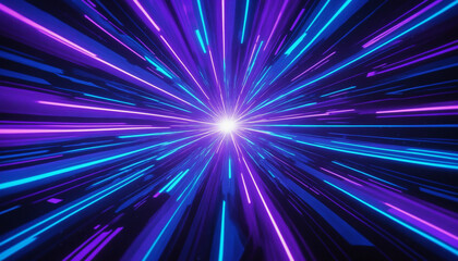 Poster - Neon Speed Lines: A mesmerizing digital abstract of vibrant neon blue and purple lines converging towards a central white light, evoking a sense of rapid movement and futuristic energy.  