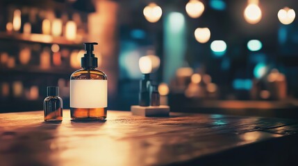 Poster - Stylish amber glass bottles display modern bar product photography cozy ambiance close-up aesthetic appeal