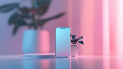 Poster - Smartphone on minimalist table with plant modern home office still life soft focus aesthetic design inspiration