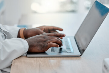 Poster - Hands, laptop and typing with doctor in office at hospital for email communication of diagnosis or results. Computer, healthcare and medical with medicine professional at desk in clinic for feedback