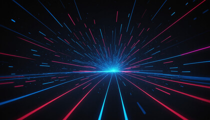 Poster - Hyperspace Highway: Abstract digital art depicting a vibrant, futuristic highway stretching into a boundless cosmos.  Neon blue and red lines converge at a vanishing point.