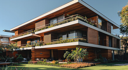 Poster - A modern apartment building with sleek wooden facades and green terraces, surrounded by lawn and a few colorful plants and a bright blue sky.