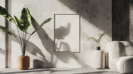 Poster - Modern minimalist living room with plants photorealistic showcase bright natural light artistic concept for home design