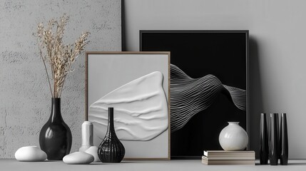 Poster - Artistic still life display featuring textured objects and minimalist decor in modern home environment photorealistic design