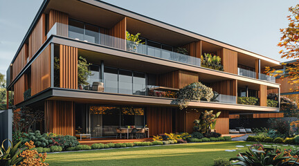Poster - A modern apartment building with sleek wooden facades and green terraces, surrounded by lawn and a few colorful plants and a bright blue sky.