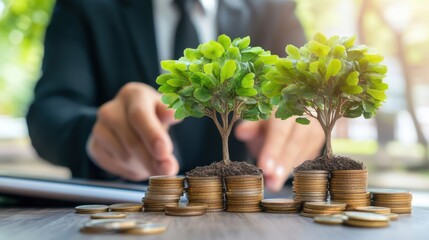 Poster - Financial Growth Concept with Trees and Coins on Wooden Table