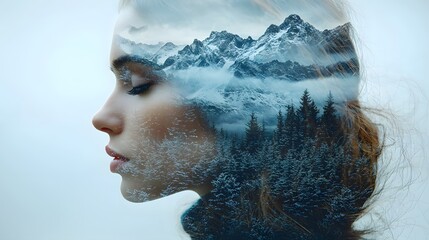 Poster - Dreamy Double Exposure Portrait of a Woman with Majestic Mountains and Lush Forests Merging into Her Silhouette in a Mystical Atmosphere
