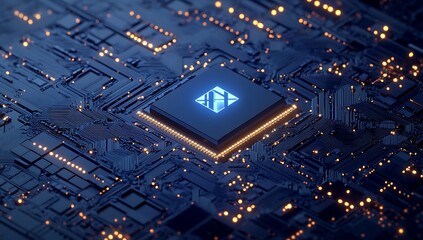 Poster - High-tech blue circuit board illuminated with glowing elements showcasing advanced technology details