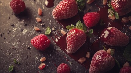 Wall Mural - Frozen strawberries and raspberries with chocolate sauce on dark background