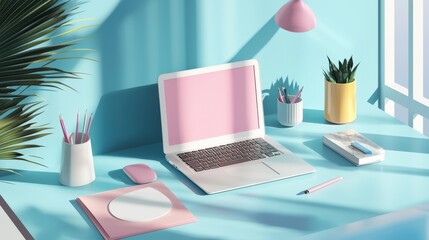 Poster - Stylish home office setup with laptop and accessories bright room digital mockup modern aesthetic creative workspace