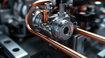 Poster - Detailed Close-Up of a Metallic Valve in a Modern Machinery Setup