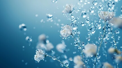 delicate white flowers with water droplets on a blue background
