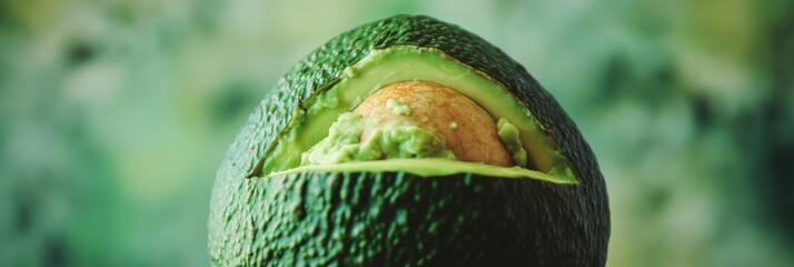 Wall Mural - Close-up of a ripe avocado with a partially removed peel revealing the textured seed, set against a softly blurred natural green background.