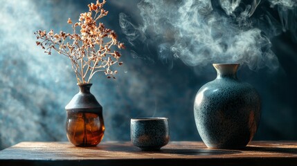 Wall Mural - Rustic vases with dried flowers and steaming cup on wooden table