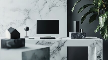 Poster - Stylish urban apartment office minimalist setup featuring sleek marble furniture and contemporary design