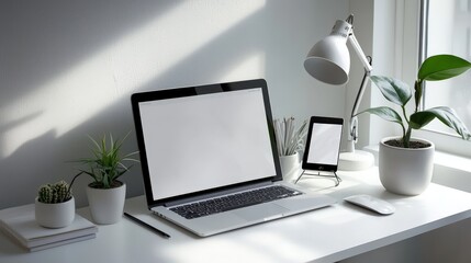 Aufkleber - Modern workspace setup featuring laptop indoor plants clean aesthetic home office environment bright natural light