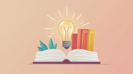Poster - Open Book with Bulb and Colorful Books Representing Ideas and Knowledge