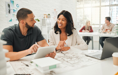 Canvas Print - Blueprint, laptop and tablet with architecture team in office together for building or construction. Documents, model or planning with man and woman property developer people at work for engineering