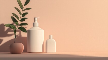 Aufkleber - Serene minimalist presentation with skincare items and greenery in soft pastel colors for design ideas