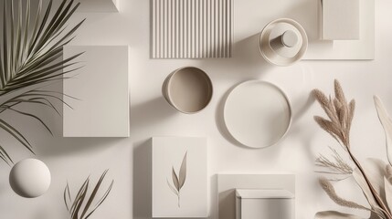 Aufkleber - Stylish product layout mockup featuring realistic textures and plants minimalist home setting modern design top-down view