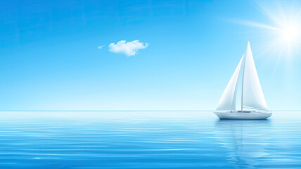 sailboat on calm ocean with bright sun and clear sky