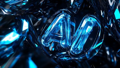 Fototapete - Glowing AI text surrounded by dynamic crystalline shapes in a vibrant digital environment