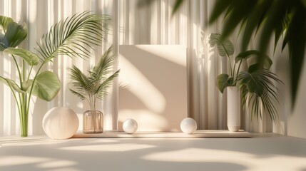 Poster - Product display mockup in minimalist space with greenery indoor environment modern aesthetic for marketing impact