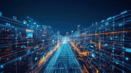 Poster - Futuristic Cityscape with Digital Data Flow and Neon Lights