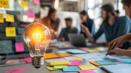 Poster - glowing light bulb symbolizes creativity and innovation in collaborative workspace filled with colorful sticky notes and engaged individuals