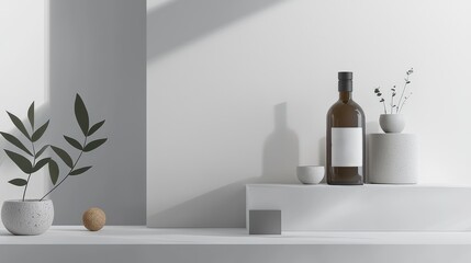 Poster - Minimalist advertising mockup template featuring elegant bottles and plants in a contemporary interior setting