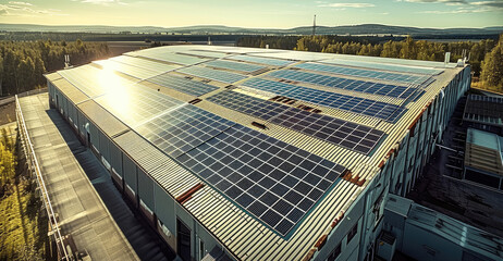 Aufkleber - Warehouse with solar panels on the roof nature surrounding. taken from an elevated position.